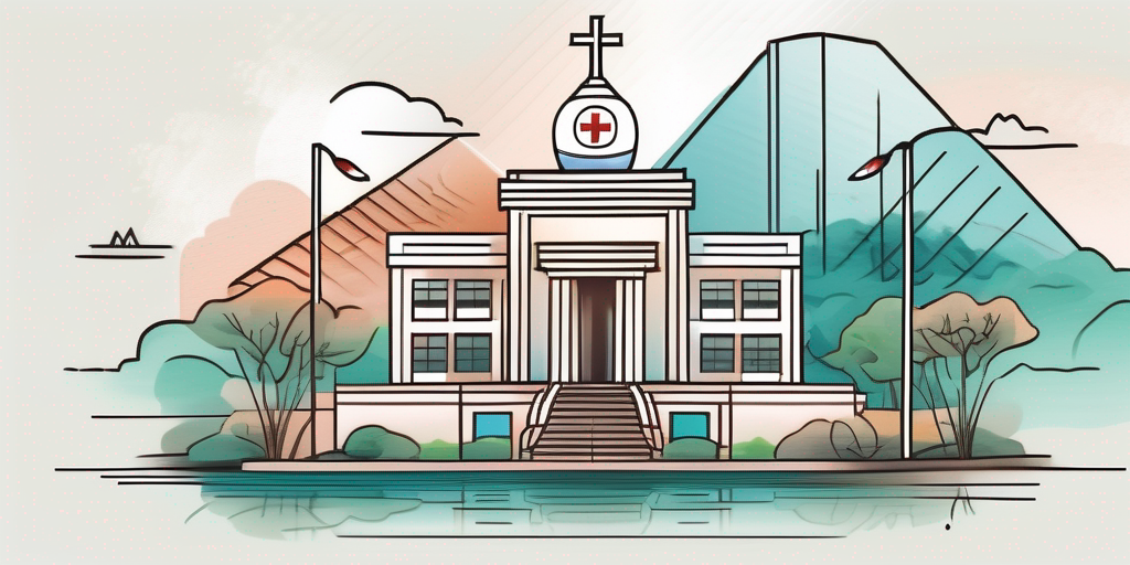 A traditional thai landscape with prominent healthcare symbols like a stethoscope