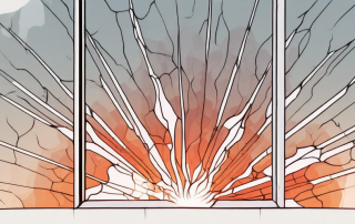 A cracked glass window with heat waves emanating from it