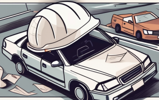 A car accident scene with a safety helmet and insurance policy paper on the side