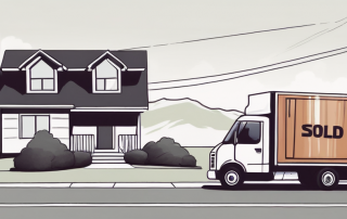 A house with a sold sign in the front yard and a moving truck in the driveway