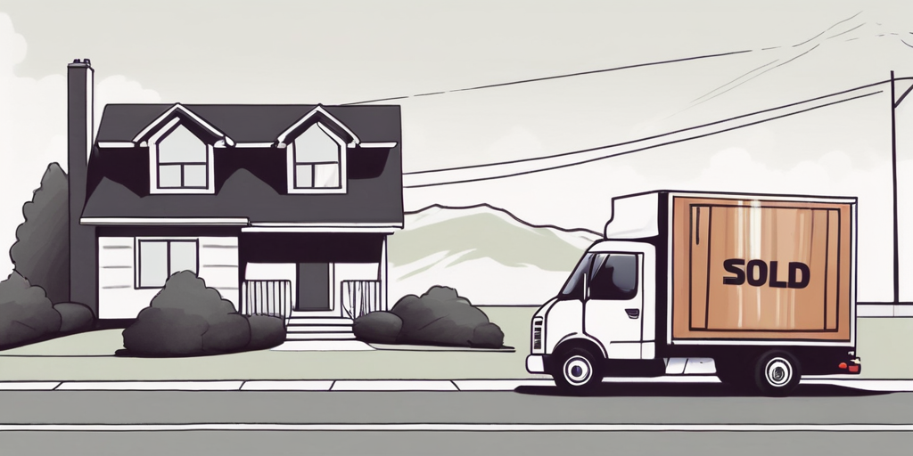 A house with a sold sign in the front yard and a moving truck in the driveway