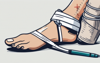 An ankle wrapped in a bandage with a crutch leaning against it