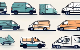 Several different types of delivery vans with various insurance protection shields hovering over them
