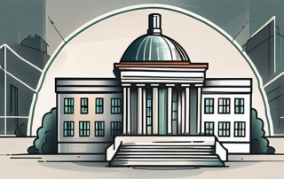 A government building with a protective shield symbolizing insurance coverage