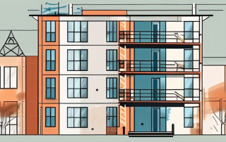 An apartment building with scaffolding and construction tools