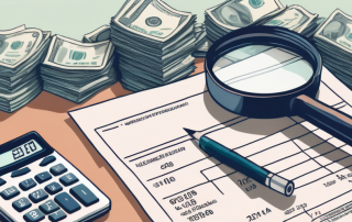 A magnifying glass over a pile of utility bills and a calculator