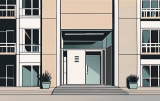 An apartment building with one open door