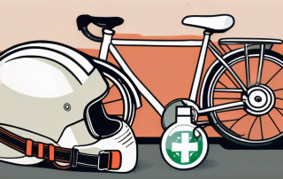 A broken bicycle next to a safety helmet and a first aid kit