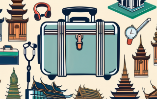 A travel suitcase with thai landmarks like the grand palace and wat arun