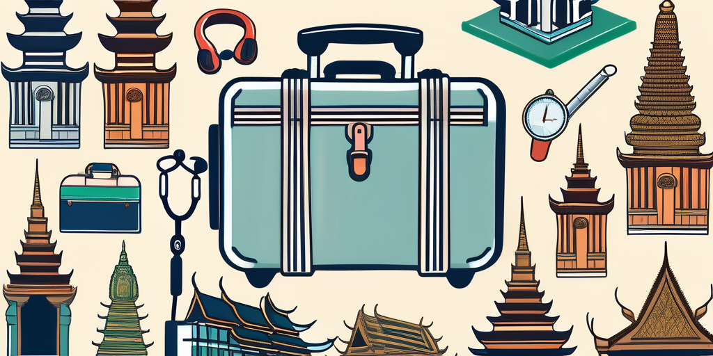 A travel suitcase with thai landmarks like the grand palace and wat arun