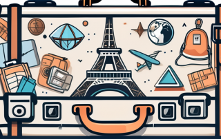 A suitcase adorned with various international travel icons (like the eiffel tower