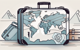 A suitcase with travel essentials like a map