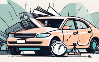 A car accident scene on a busy road with insurance policy papers and a balance scale symbolizing the concept of liability insurance