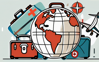 A globe with different travel icons like an airplane