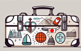 A suitcase adorned with various international landmarks