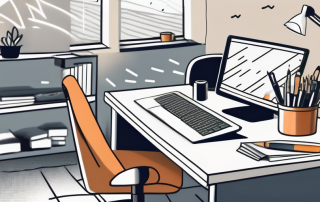 A freelancer's workspace with various professional tools scattered around