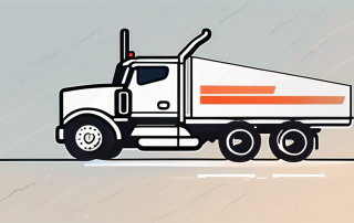 A semi-truck with registration plates next to a shield symbol