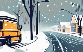 A snowy german street with a salt spreader machine sprinkling salt on the sidewalk