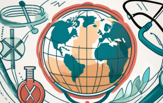 A globe with various medical symbols like a stethoscope