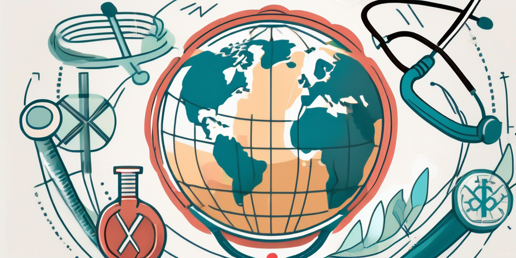 A globe with various medical symbols like a stethoscope