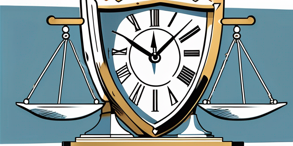 A golden scale balancing a shield symbolizing protection and a clock symbolizing no waiting time