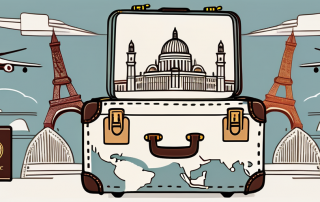 A suitcase adorned with various international landmarks