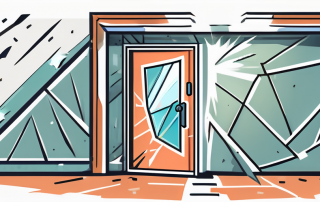 A broken door with a shattered glass insert