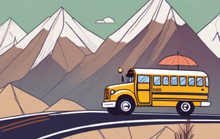 A school bus with luggage on top