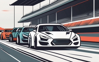 A racetrack with a few high-speed racing cars in motion