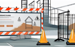 A construction site with safety barriers and signs