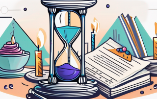 A half-filled hourglass surrounded by various insurance documents and a birthday cake with 50 candles