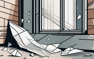 A broken window pane with a few scattered shards on the window sill and an insurance policy document lying nearby