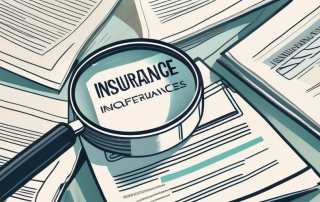 Multiple insurance policy papers scattered on a table with a magnifying glass focusing on one of them