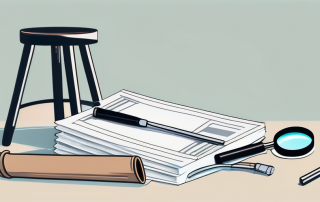 A broken crutch next to a stack of insurance papers and a magnifying glass