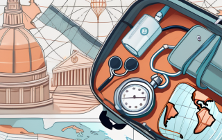 A suitcase with travel essentials like a map