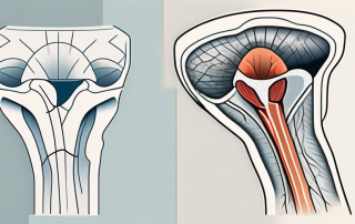 A knee with a highlighted cross-section showing a torn ligament