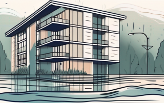 A residential building partially submerged in floodwater