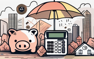 A calculator surrounded by various insurance symbols like a shield