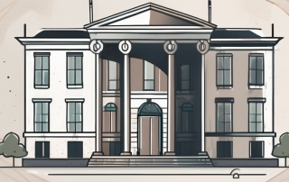 A balance scale with a public service building on one side and a shield symbolizing protection on the other