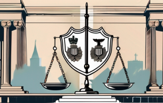 A balance scale with a pen and a legal document on one side and a shield symbolizing protection on the other