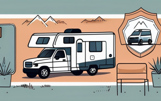 A motorhome with insurance protection symbols like a shield and a lock