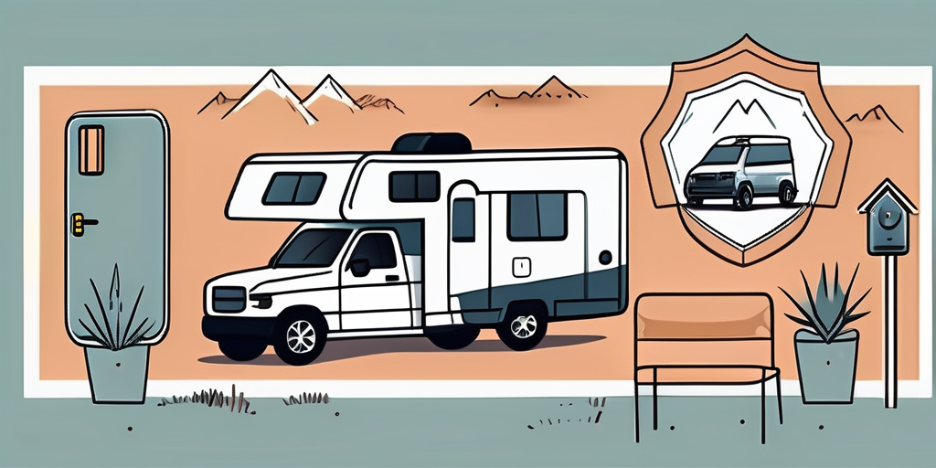 A motorhome with insurance protection symbols like a shield and a lock