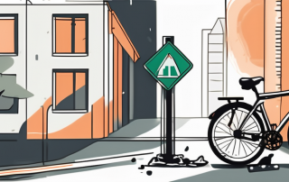 A broken bicycle next to a traffic light
