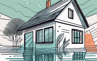 A flooded house with different types of insurance policy documents floating in the water