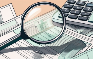 A magnifying glass hovering over a pile of utility bills and a calculator