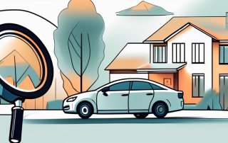 A magnifying glass hovering over a car and a house