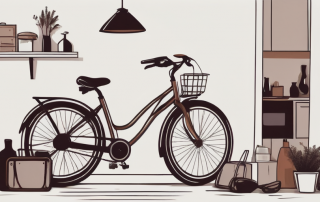 A home interior with various household items and a bicycle prominently displayed