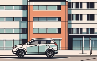 A car with learner's plates parked in front of an insurance building