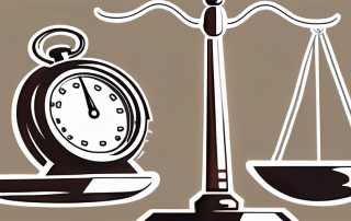 A balanced scale with a gavel on one side and a stopwatch on the other