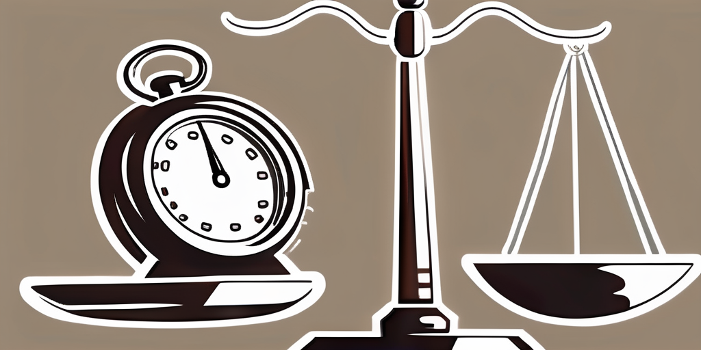 A balanced scale with a gavel on one side and a stopwatch on the other